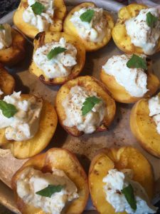 completed bbq'ed peaches with honey marscapone cheese