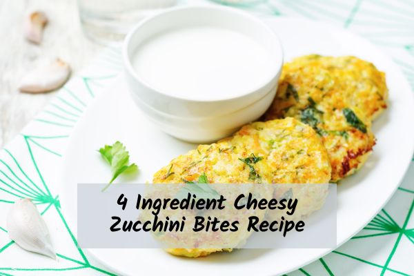 4 zucchini bites on a plate with sauce