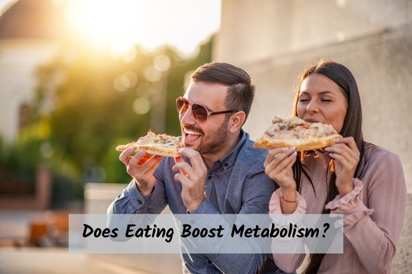 middle aged couple eating pizza with overlay text does eating boost metabolism?