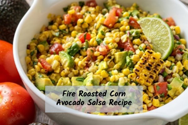 fire-roasted-corn-avocado-salsa-recipe 45 degree close up of fire roasted corn avocada salsa with tomato and fresh cilantro.