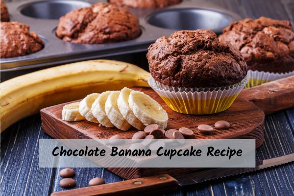 Chocolate_Banana_Cupcake_Recipe Chocolate banana cupcakes and a banana on a cutting board