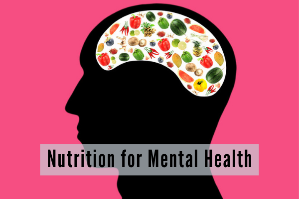 Nutrition for Mental Health silhouette of a human head with small images of different foods where the brain would be