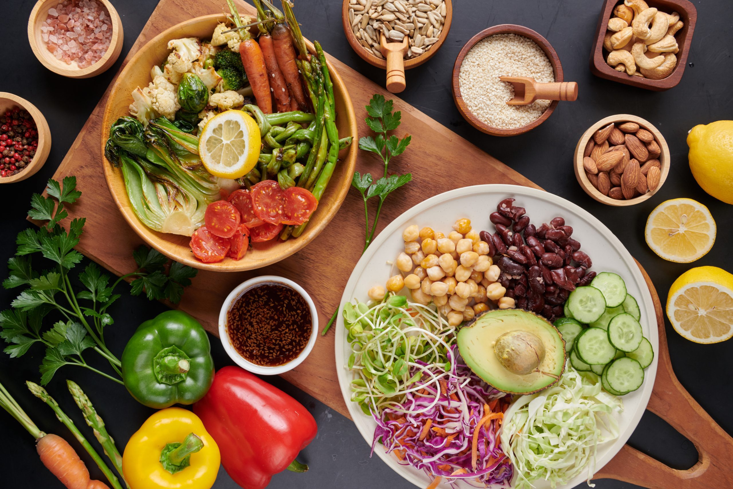 salad bowl with vegetables, grains, and legumes