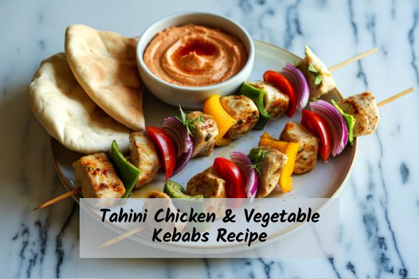 Tahini_Chicken_Kebabs_Recipe Chicken and vegetable kebabs with pita bread and hummus