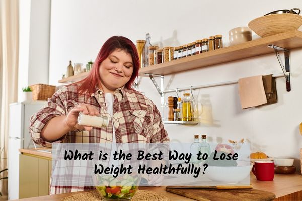 Person preparing a salad in a kitchen for a dietitian article on healthy weight management.