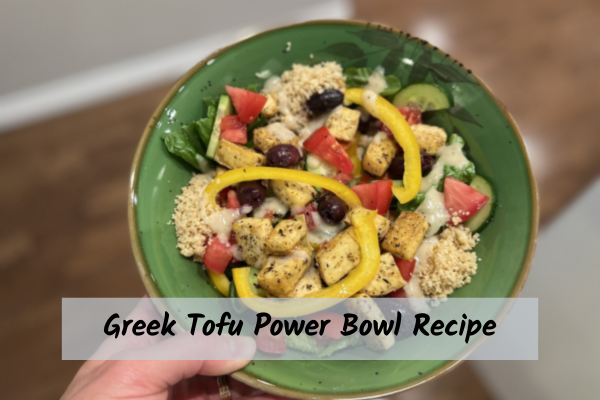 a photo of a delicious greek tofu power bowl