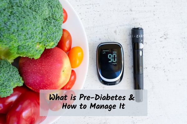 Prediabetes-Diet a photo of fruit and vegetables next to a blood sugar monitor symbolizing nutrition for prediabetes