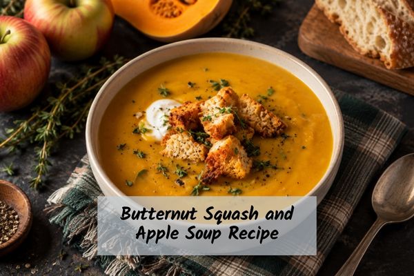 Soup in a bowl with a thyme garnish and swirl of sour cream; overhead shot with sliced apples and butternut squash nearby. roasted squash, apples and garlic on the sheet pan