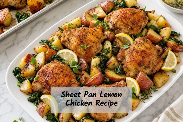 Sheet pan lemon chicken with roasted potatoes, spinach, and lemon wedges served on a white platter.