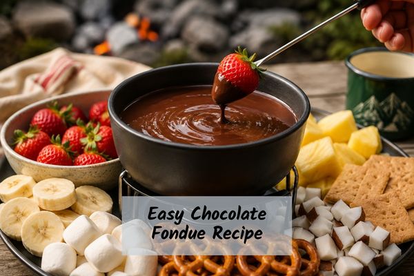 Easy Chocolate Fondue Recipe Easy Chocolate Fondue camping recipe with a strawberry dipping in.