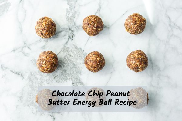 Chocolate-chip-peanut-butter-energy-ball-recipe chocolate chip peanut butter energy ball recipe layed out on a white backround