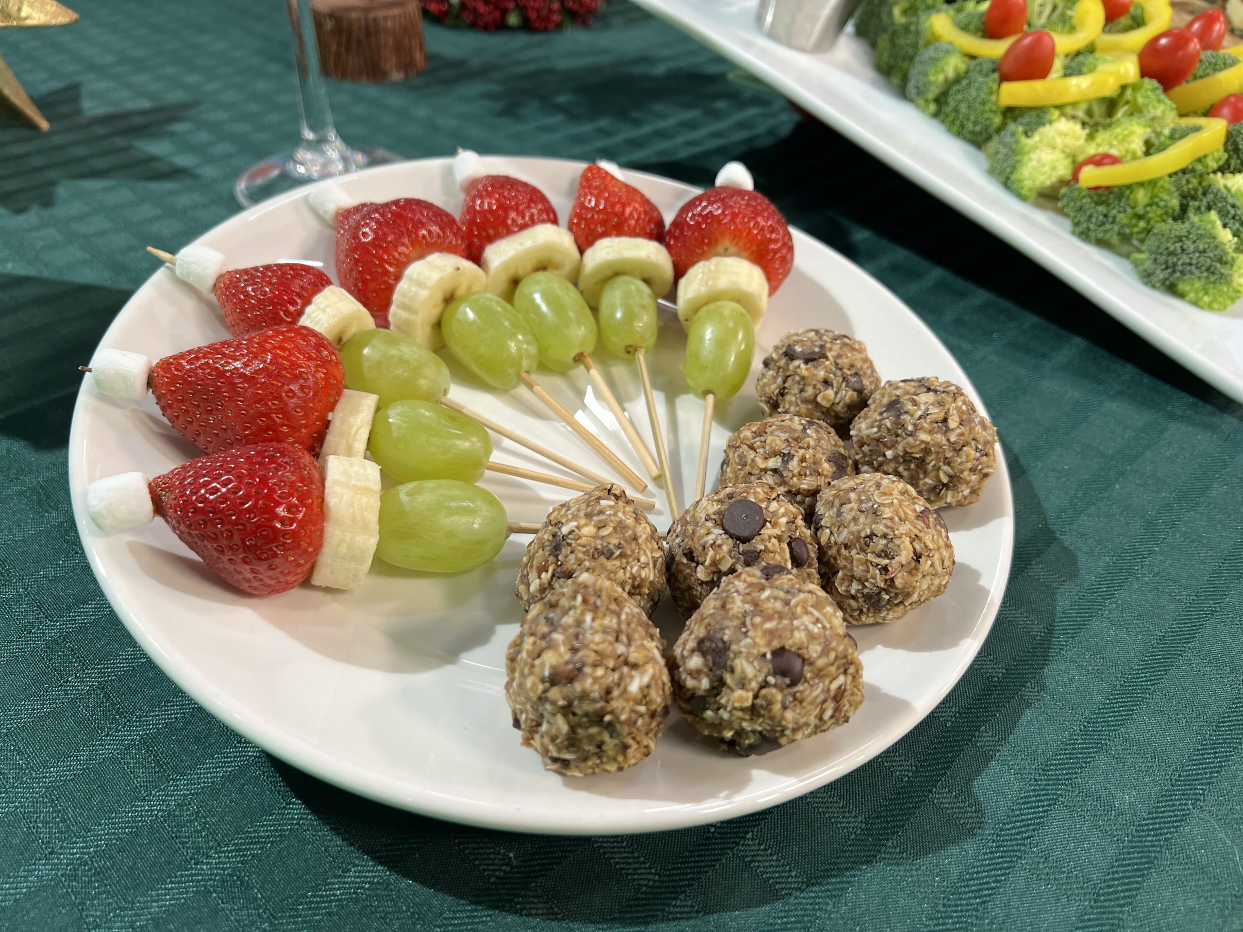 kid's energy balls and grinch fruit kabobs