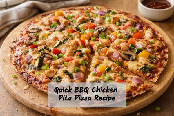 Homemade BBQ chicken pizza on a wholewheat wrap crust with mozzarella, mushrooms, spinach, bell peppers, red onion, zucchini, tomato, and green onion.