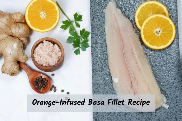 orange basa fish fillet recipe on a cutting board with oranges and herbs around it