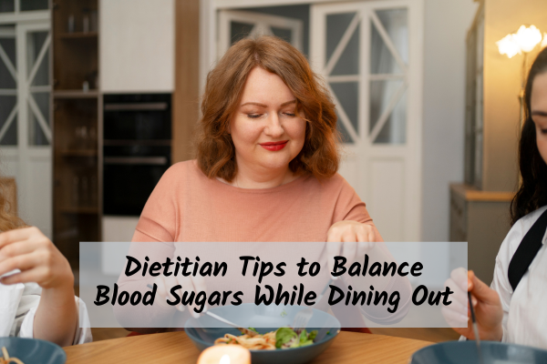 Diabetes and Eating Out a woman with diabetes eating dinner with friends at a table