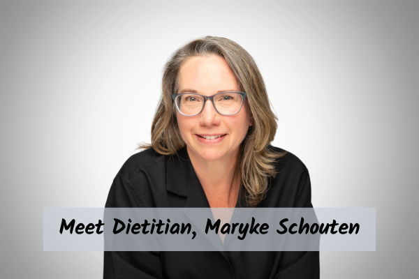 Meet Maryke Schouten headshot of Dietitian Maryke Shouten with the a grey faded background