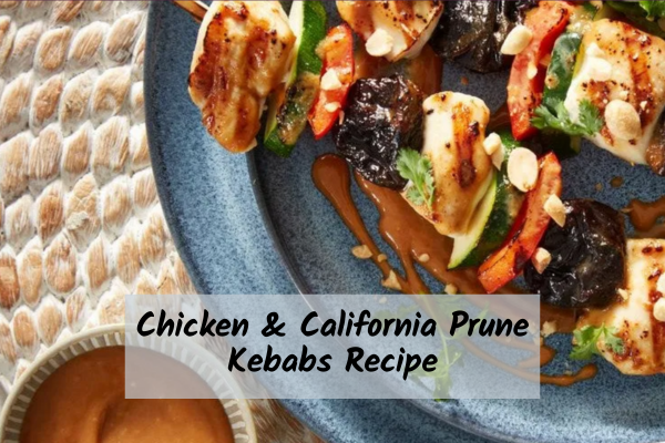 Chicken & California Prune Kebabs with Peanut Sauce Recipe Chicken & California Prune Kebabs with Peanut Sauce Recipe on a blue plate