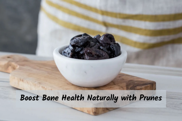Prunes_for_Bone_Health_Osteoporosis_Prevention A bowl of prunes placed on a wooden block for bone health and osteoporosis prevention