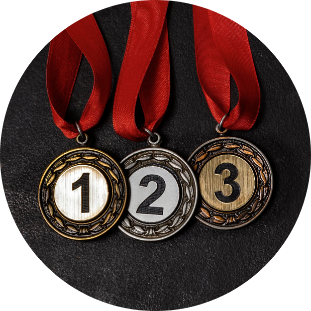Competitive_Sports_Nutrition_Seminar three 1st , 2nd, and 3rd place metals with a red ribbon
