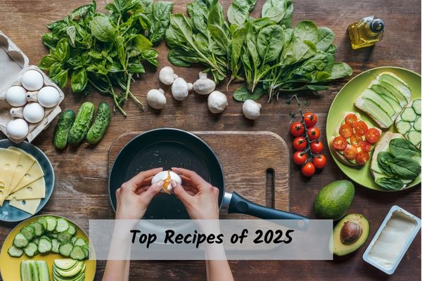 ingredients displayed on a table and cooking in a pan