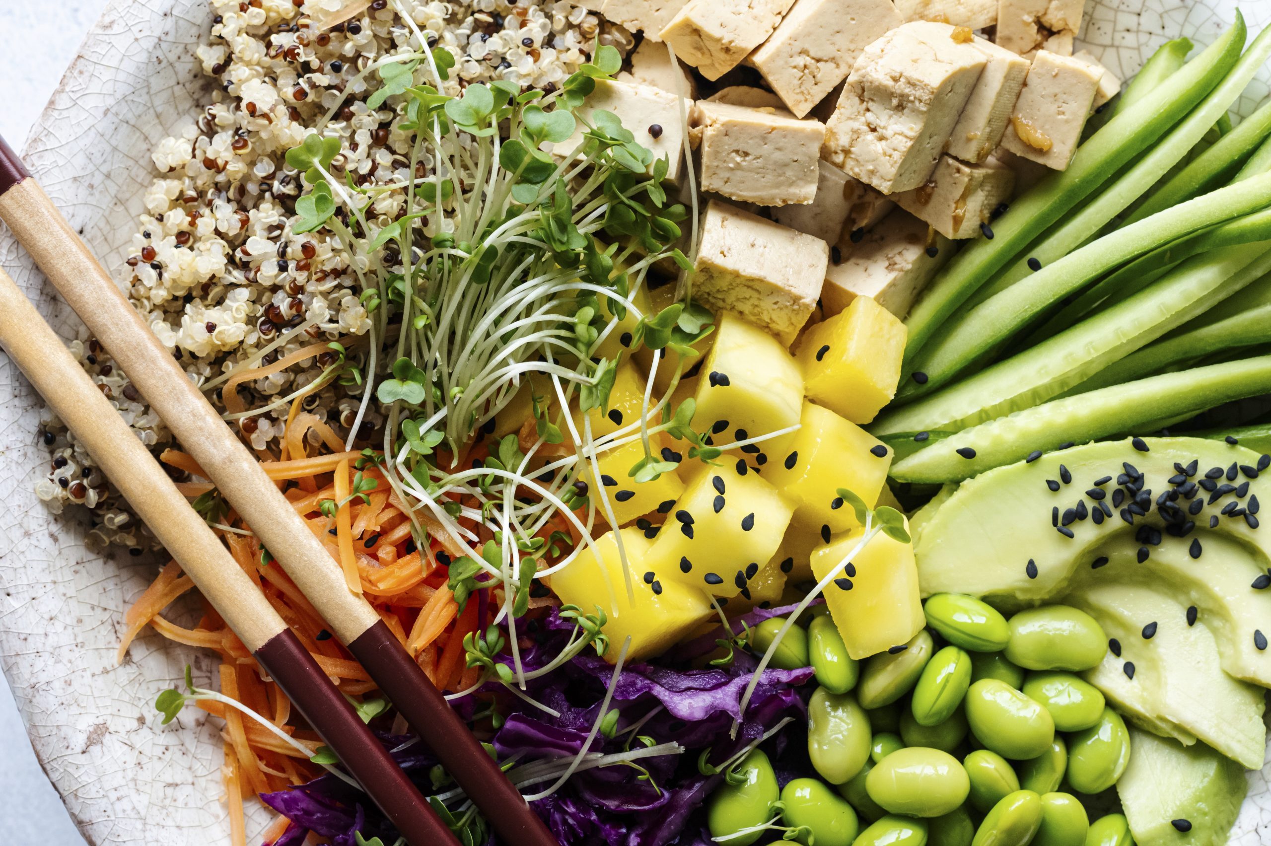 Vegan poke bowl with edamame and tofu