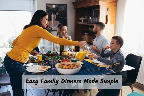 Family of four enjoying dinner at the kitchen table