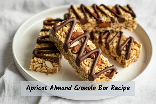 apricot almond granola bar recipe on a white plate and background