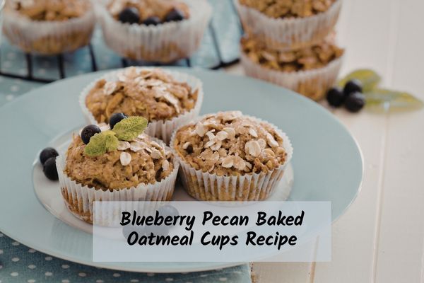 3 blueberry pecan baked oatmeal cups on a blue blate
