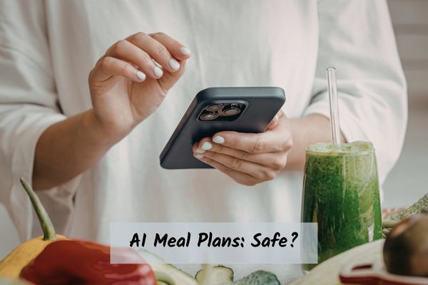 woman on phone using AI for meal planning with food and fruit in front of her