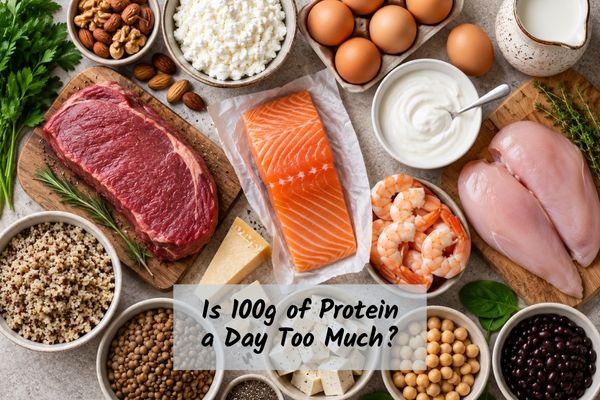 Variety of protein-rich foods including chicken, salmon, eggs, dairy, tofu, beans, lentils and nuts