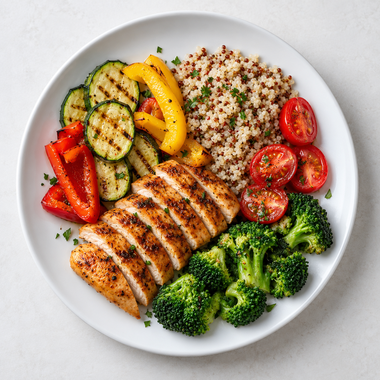 balanced-plate Balanced plate with grilled chicken, quinoa and colourful vegetables
